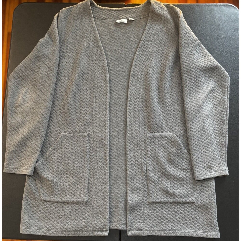 LL Bean Cardigan Sweater Womens L Gray Quilted Open Front Long Sleeve Regular